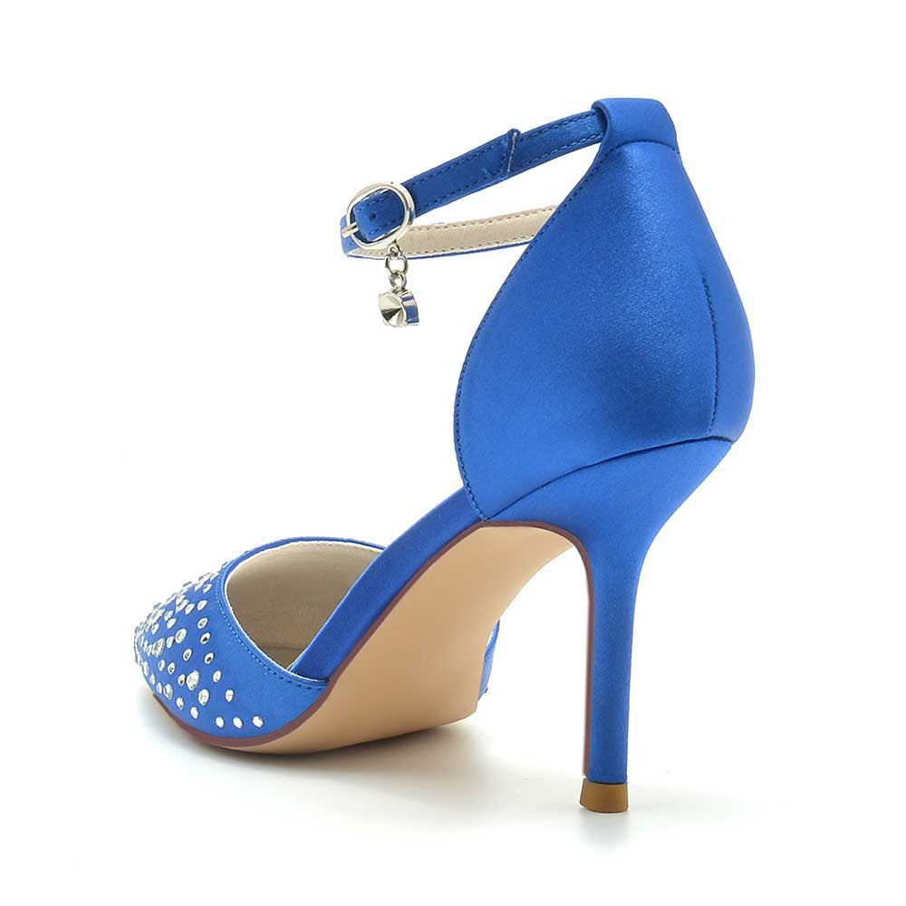 S&DCo. Blue Ankle Strap Wedding Dress Shoes with Rhinestone Detail and Elegant High Heel