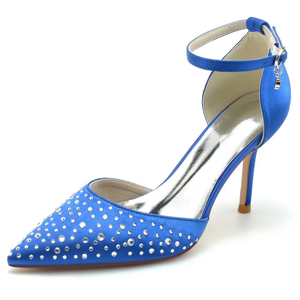 S&DCo. Ankle strap wedding dress shoes in blue satin with rhinestone embellishments