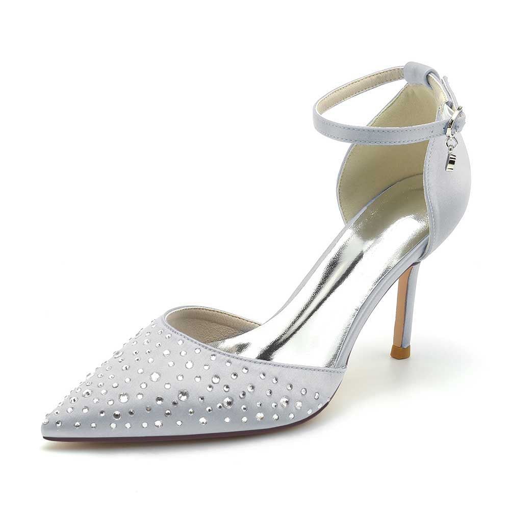 S&DCo. Ankle Strap Wedding Dress Shoes in Gray with Rhinestone Detailing and Elegant Stiletto Heel
