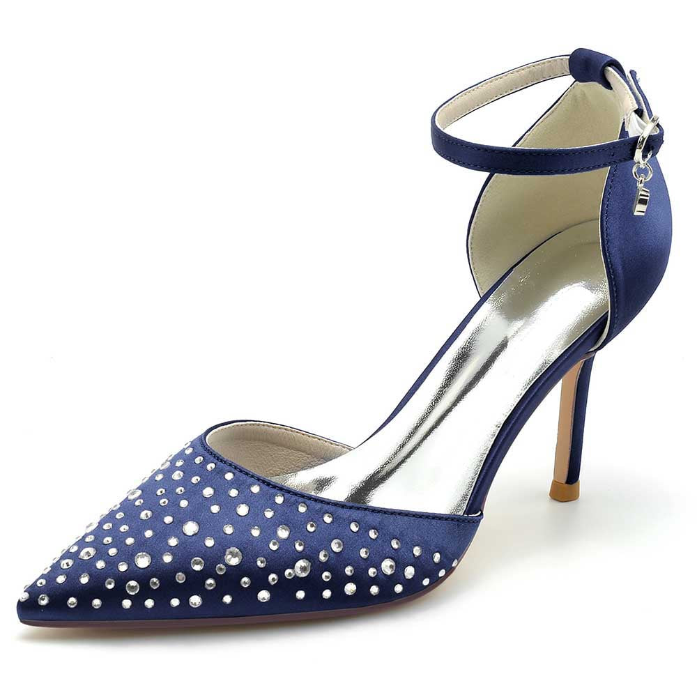 Navy Blue Ankle Strap Wedding Dress Shoes with Rhinestone Detailing and Elegant Stiletto Heel