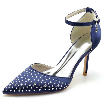 Navy Blue Ankle Strap Wedding Dress Shoes with Rhinestone Detailing and Elegant Stiletto Heel