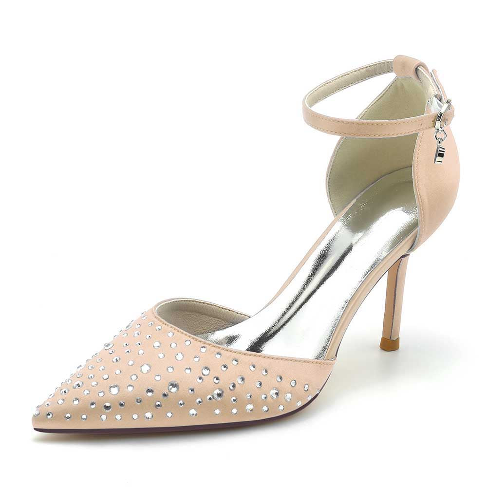S&DCo. Ankle Strap Wedding Dress Shoes in Beige with Rhinestone Detailing and Elegant High Heel