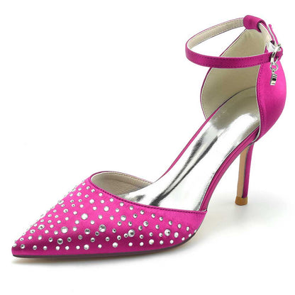 Pink ankle strap wedding dress shoes with rhinestone embellishments and stylish pointed toe