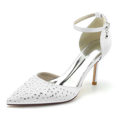 S&DCo. white ankle strap wedding dress shoes with decorative rhinestones and elegant pointed toe