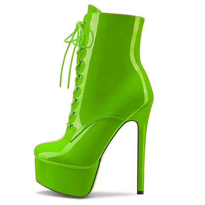 Women Platform Ankle Boots Patent Leather Round Toe Stiletto Shoes