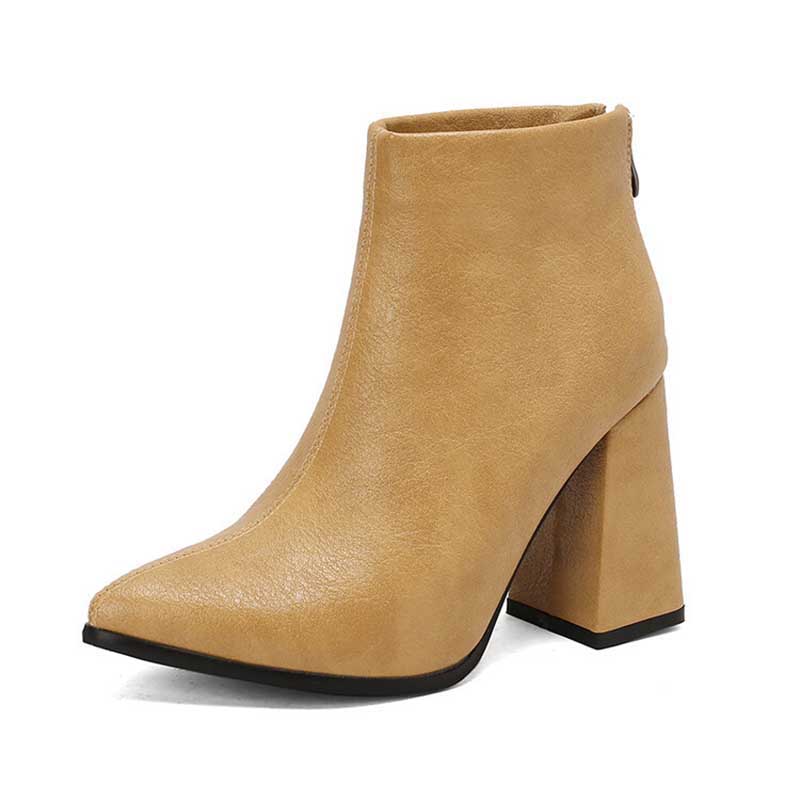 Pointed Toe Back Zipper Ankle Chunky Heels Booties