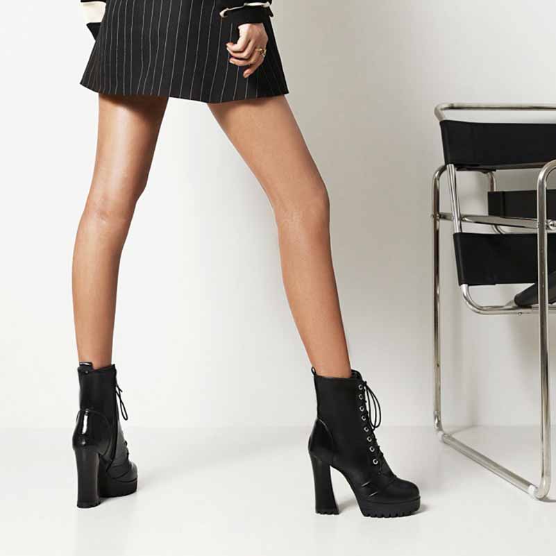 Platform Lace-Up Boots Black Block Heel Ankle Boots