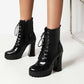 Platform Lace-Up Boots Black Block Heel Ankle Boots