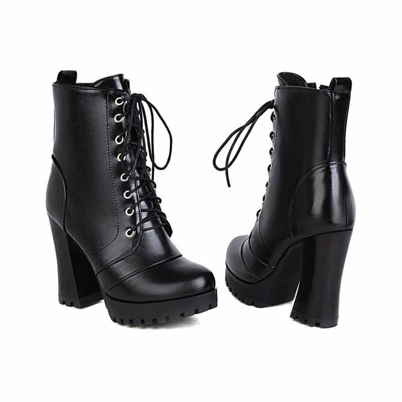 Platform Lace-Up Boots Black Block Heel Ankle Boots