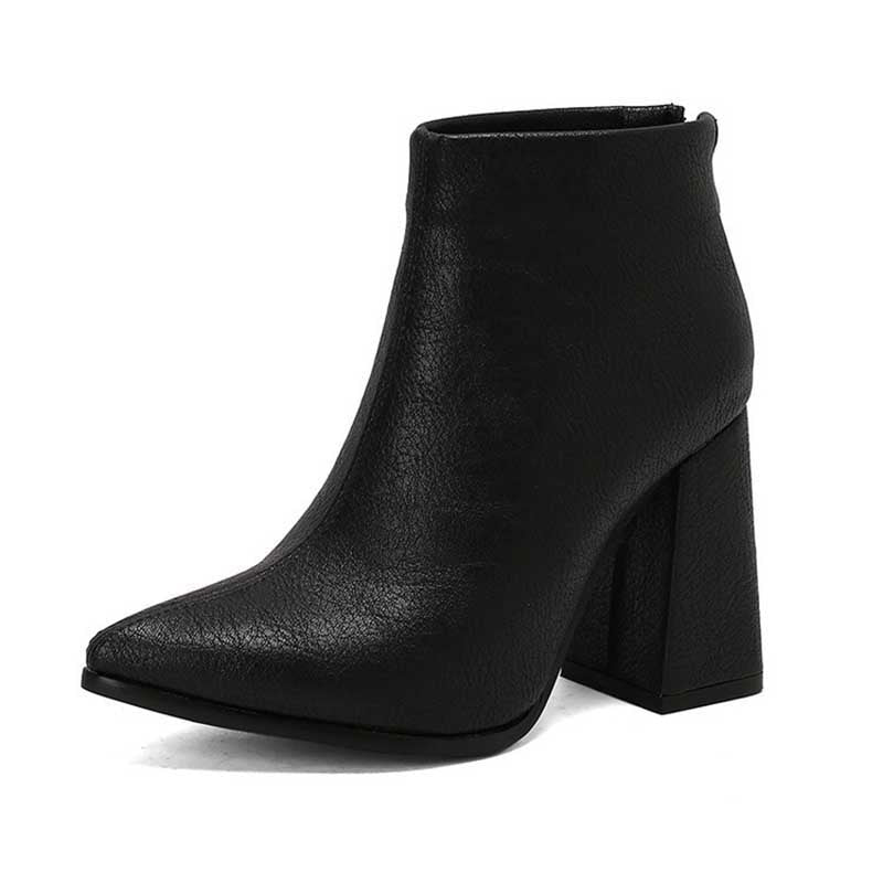 Pointed Toe Back Zipper Ankle Chunky Heels Booties