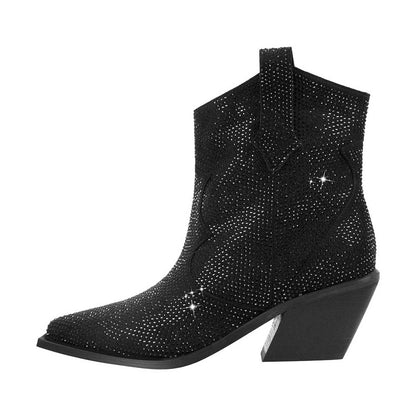 Women's Rhinestone Embellished Western Booties Ankle Boots