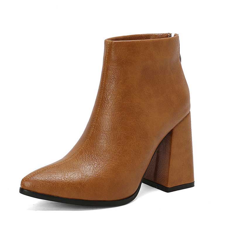 Pointed Toe Back Zipper Ankle Chunky Heels Booties