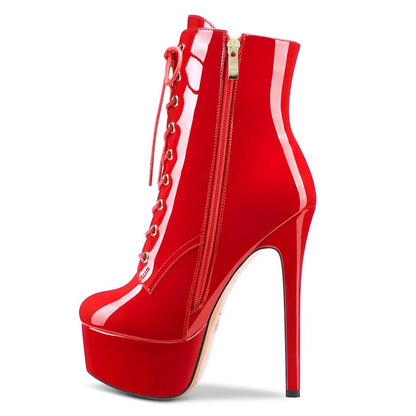 Women Platform Ankle Boots Patent Leather Round Toe Stiletto Shoes