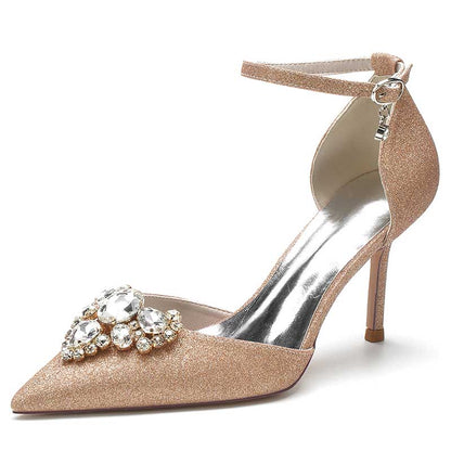 Women's Pointed Toe Rhinestone Pumps Glitter Ankle Strap Wedding Prom Shoes