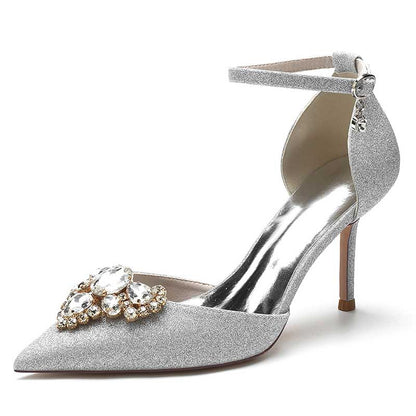 Women's Pointed Toe Rhinestone Pumps Glitter Ankle Strap Wedding Prom Shoes