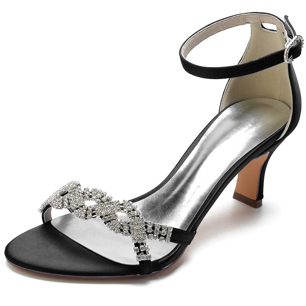 Elegant black satin dress sandals for women with rhinestone embellishments and ankle strap