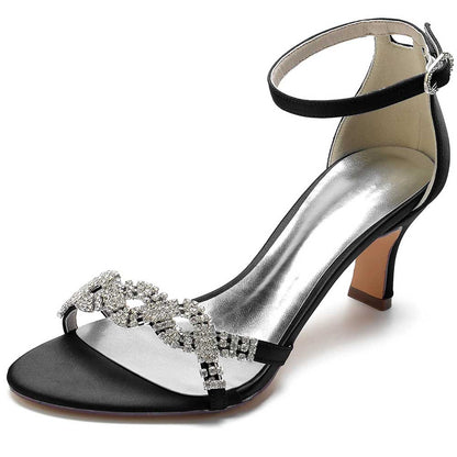 Elegant black satin dress sandals for women with rhinestone embellishments and ankle strap
