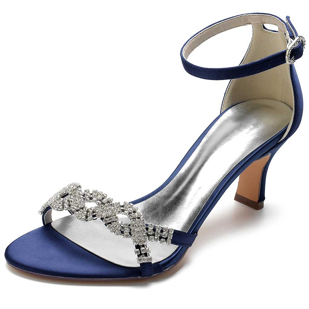 Elegant navy satin dress sandals for women featuring sparkling jeweled accents and an ankle strap