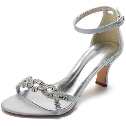 Elegant silver satin dress sandals for women with sparkling rhinestone embellishments