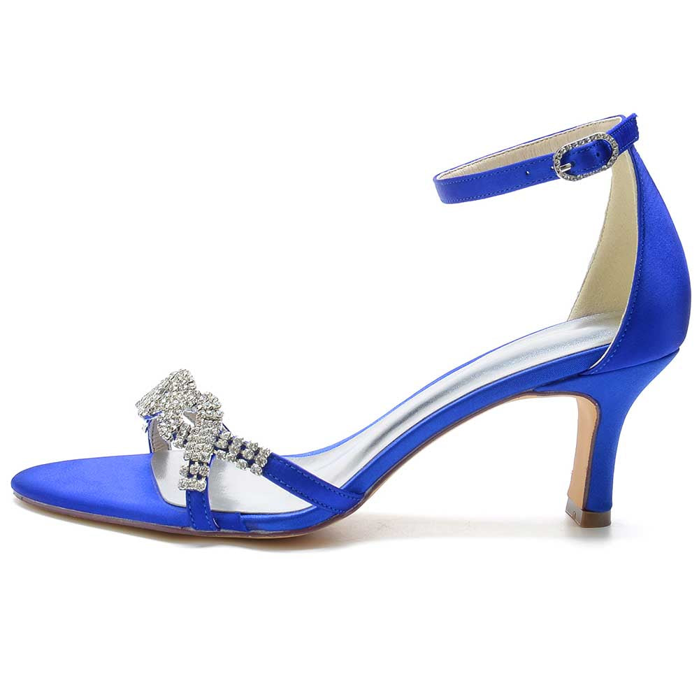 Elegant blue satin dress sandals for women with a sparkling rhinestone embellishment and ankle strap