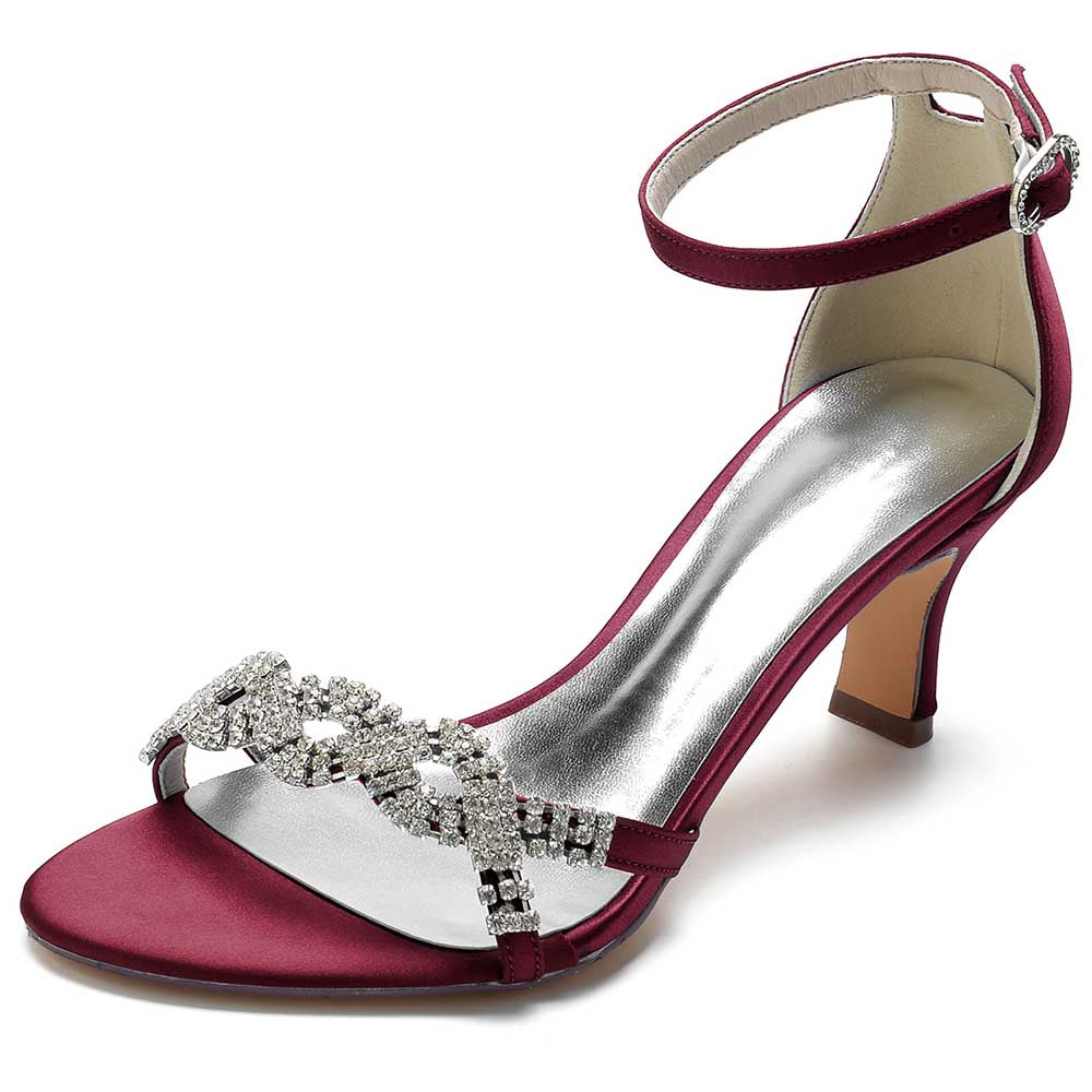 Burgundy satin dress sandals for women with embellished strap and ankle buckle for elegant occasions