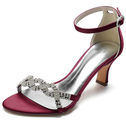 Burgundy satin dress sandals for women with embellished strap and ankle buckle for elegant occasions