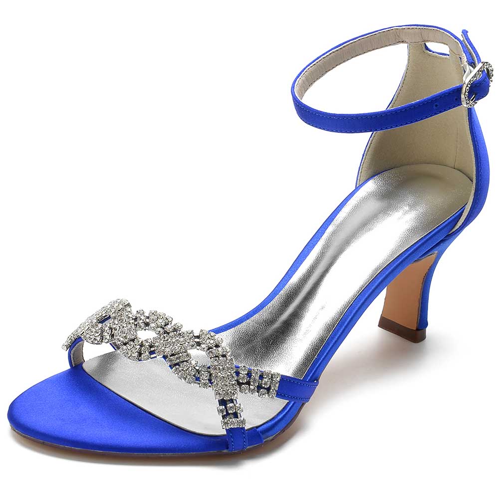 Elegant blue satin dress sandals for women with sparkling rhinestone detail and ankle strap