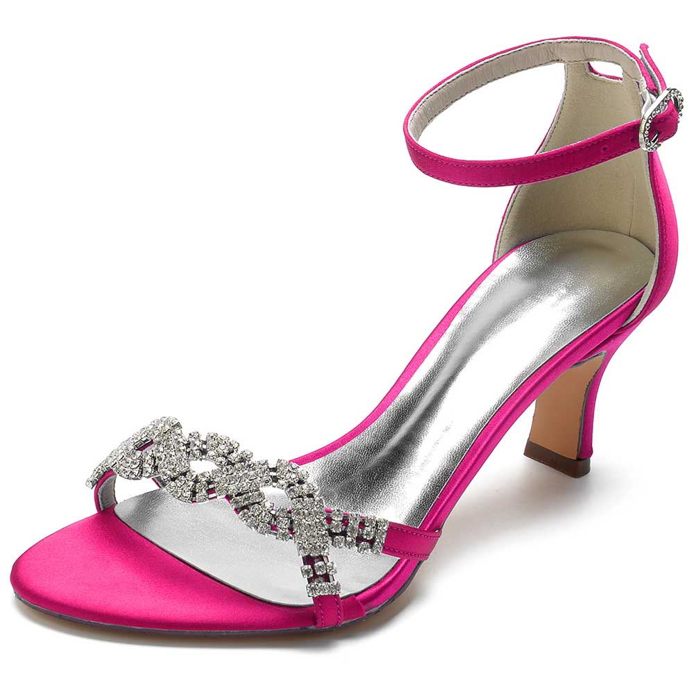 Pink Satin Dress Sandals for Women with Rhinestone Details and Adjustable Ankle Strap