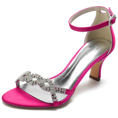 Pink Satin Dress Sandals for Women with Rhinestone Details and Adjustable Ankle Strap