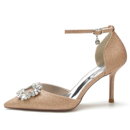 Women's Pointed Toe Rhinestone Pumps Glitter Ankle Strap Wedding Dress Shoes