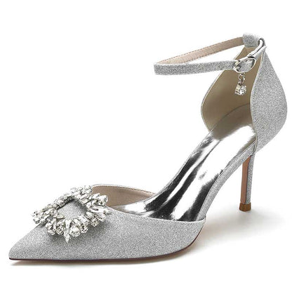 Women's Pointed Toe Rhinestone Pumps Glitter Ankle Strap Wedding Dress Shoes