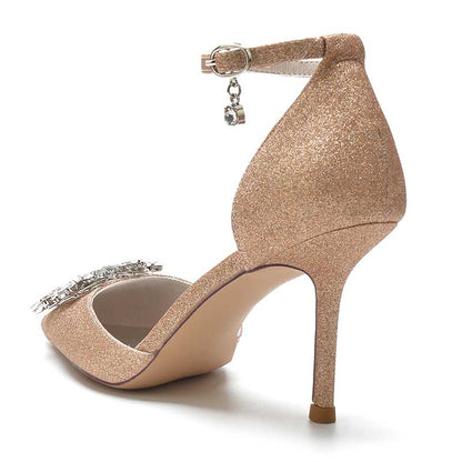 Women's Pointed Toe Rhinestone Pumps Glitter Ankle Strap Wedding Dress Shoes