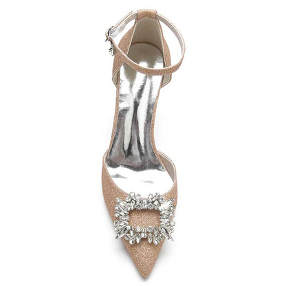 Women's Pointed Toe Rhinestone Pumps Glitter Ankle Strap Wedding Dress Shoes