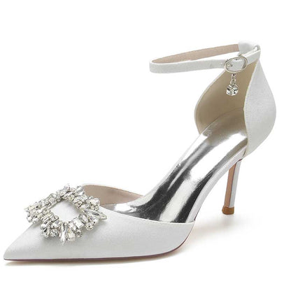 Women's Pointed Toe Rhinestone Pumps Glitter Ankle Strap Wedding Dress Shoes