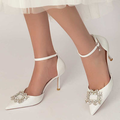 Women's Pointed Toe Rhinestone Pumps Glitter Ankle Strap Wedding Dress Shoes