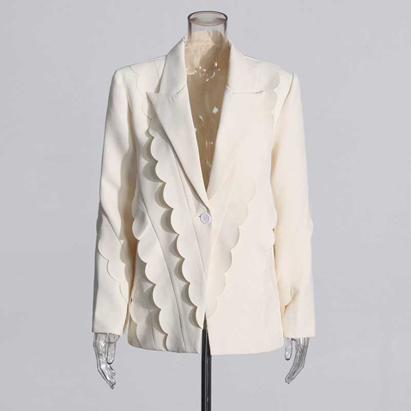 Women's Ruffled Blazer One Button Ivory Coat