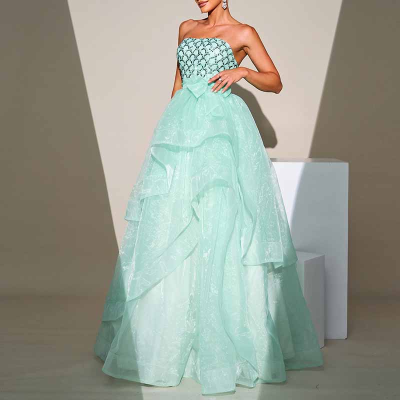 Mint Sequined Tulle Strapless Gown Wedding Party Gowns