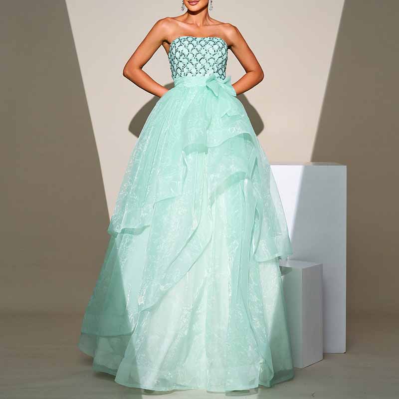 Mint Sequined Tulle Strapless Gown Wedding Party Gowns