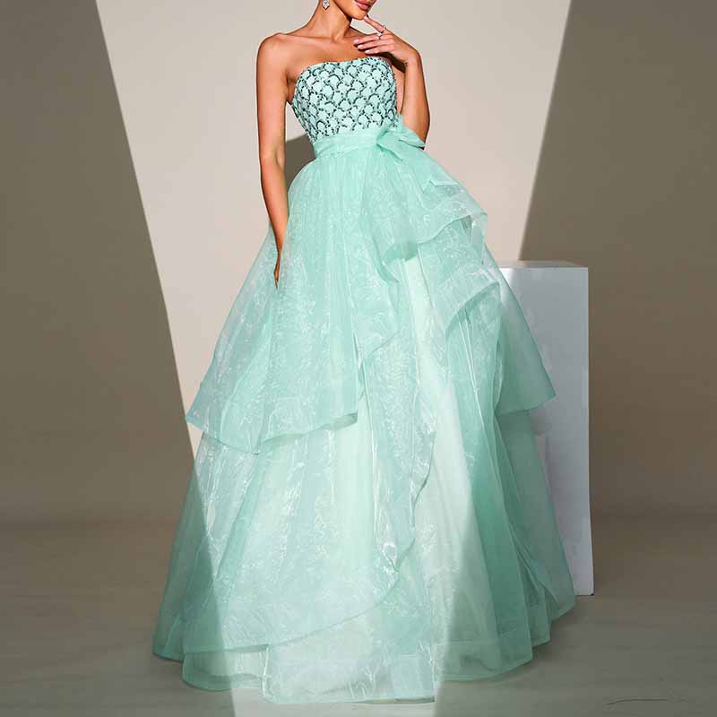 Mint Sequined Tulle Strapless Gown Wedding Party Gowns