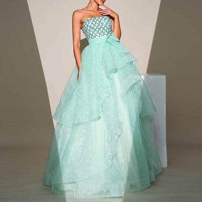 Mint Sequined Tulle Strapless Gown Wedding Party Gowns