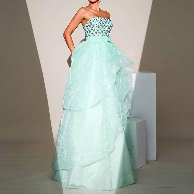 Mint Sequined Tulle Strapless Gown Wedding Party Gowns