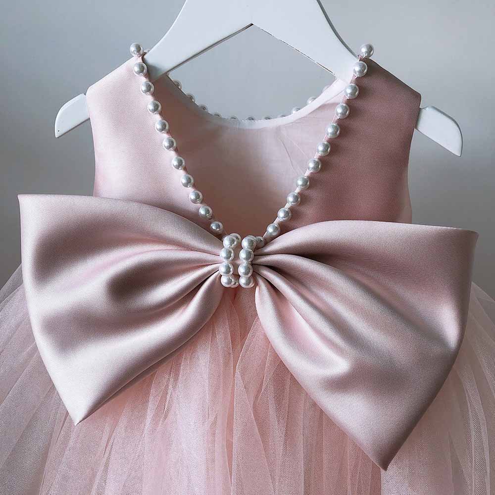 Little Grils Birthday Party Dress With Bows Kid Flower Girl Dresses With Imitation Pearls