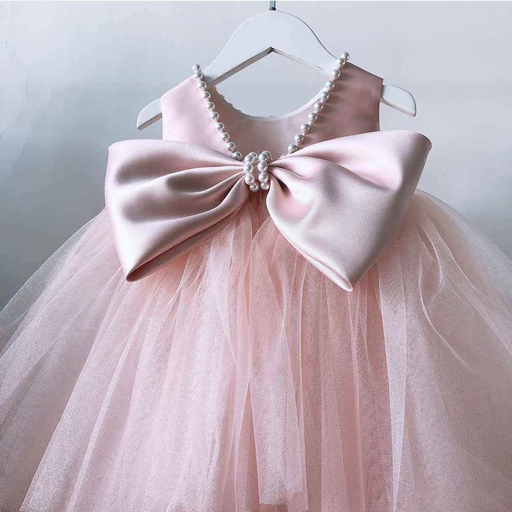 Little Grils Birthday Party Dress With Bows Kid Flower Girl Dresses With Imitation Pearls