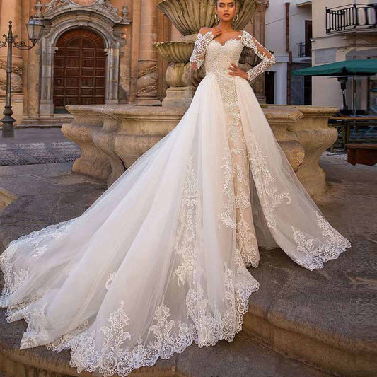 Princess Off the shoulder tulle church wedding dresses with appliques detachable sweep train bridal dress