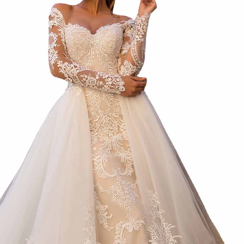 Princess Off the shoulder tulle church wedding dresses with appliques detachable sweep train bridal dress