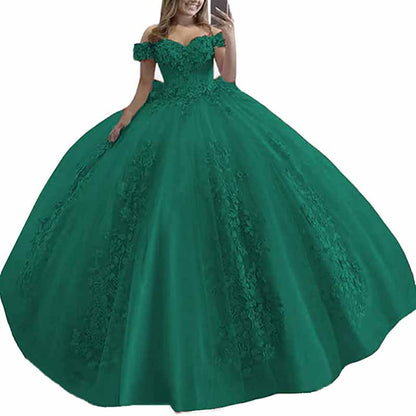 Off Shoulder Quinceanera Dress Flower Puffy Ball Gown Lace Beaded Prom Dress