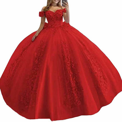 Off Shoulder Quinceanera Dress Flower Puffy Ball Gown Lace Beaded Prom Dress