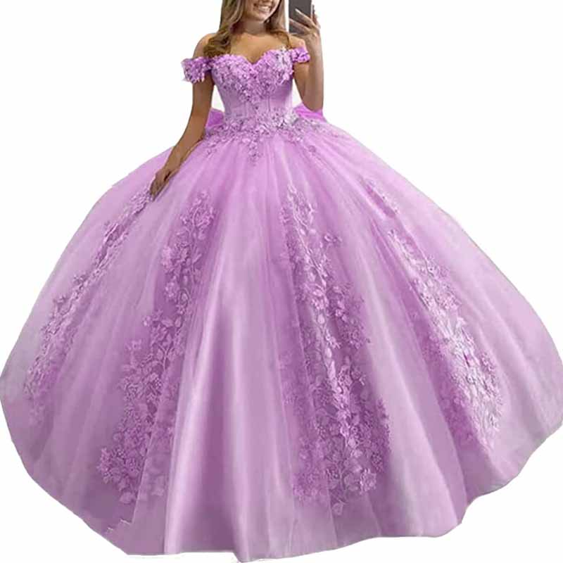 Women's Off Shoulder Quinceanera Dresses Flower Puffy Ball Gown Lace Beaded Prom Dresses for Sweet 15 16