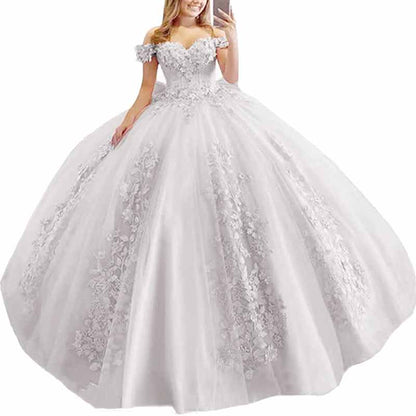 Off Shoulder Quinceanera Dress Flower Puffy Ball Gown Lace Beaded Prom Dress