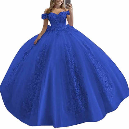 Off Shoulder Quinceanera Dress Flower Puffy Ball Gown Lace Beaded Prom Dress